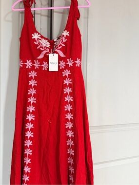 AVARA Nancy Red Embroidered Midi Dress